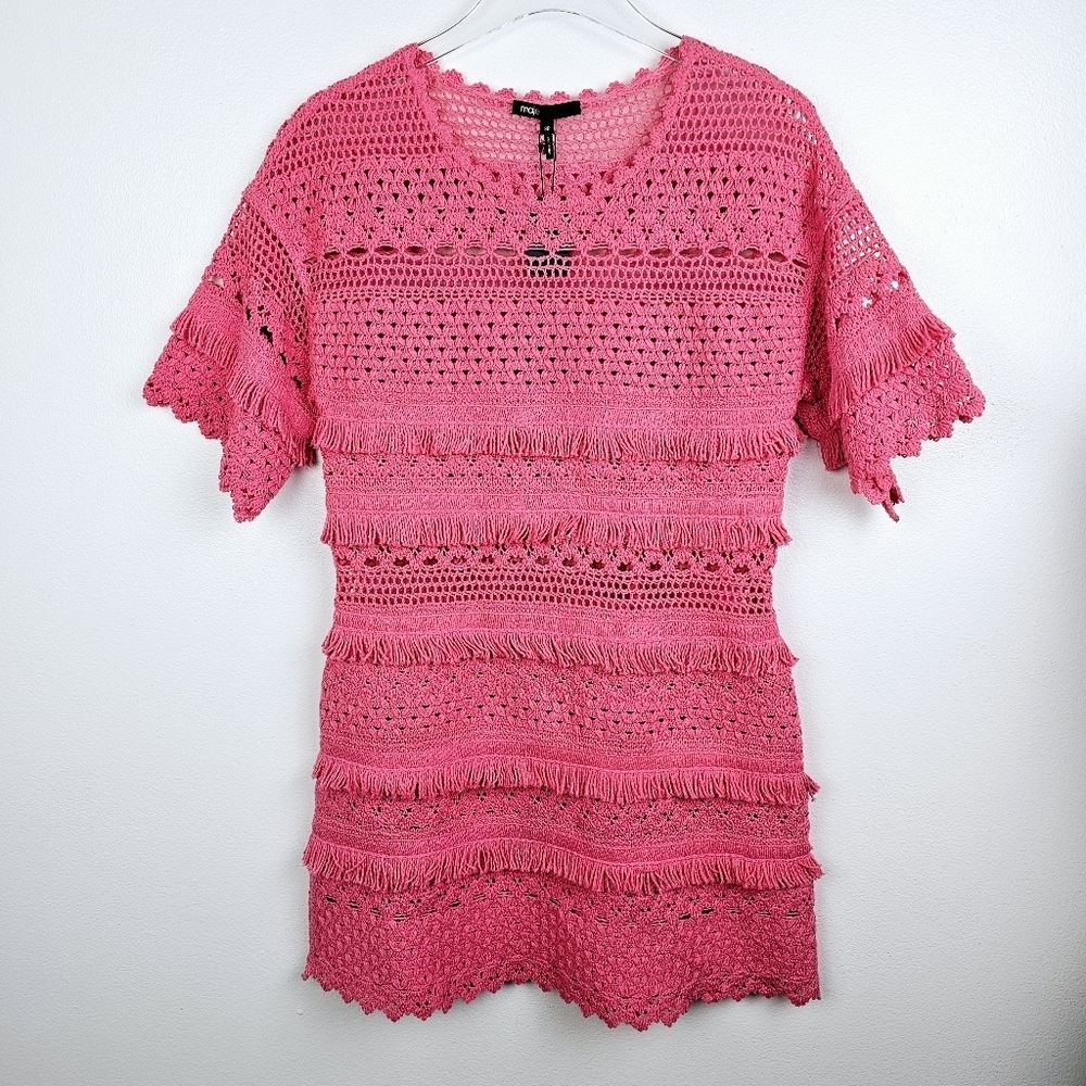 Maje Rosy Pink Crochet Fringe Short Sleeve Mini Dress NWT - Picture 5 of 16